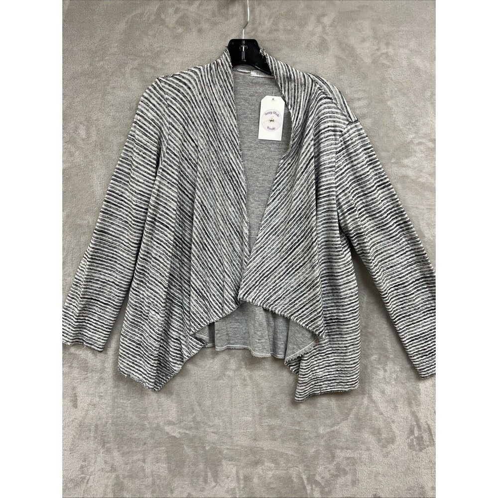 Cut Loose Cardigan Women’s L Gray Striped Long Sleeve Open Front Waterfall